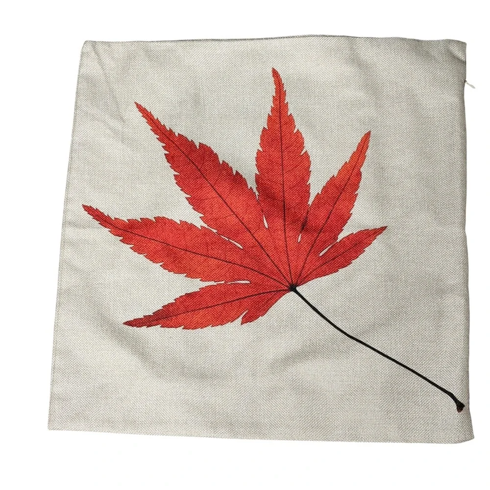 Set of 2 Autumn Maple Leaf Throw Pillow Covers 18x18 Fall Decor Linen Textured
